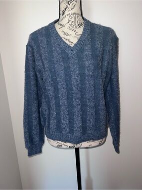 Vintage 70s Sigallo Blue Textured Knit V-Neck Sweater Retro Boho Medium